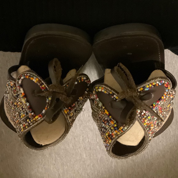 🆕SIZE 10 AFRICAN HANDMADE BROWN LEATHER COLORFUL BEADED THONG SANDALS - Picture 15 of 16